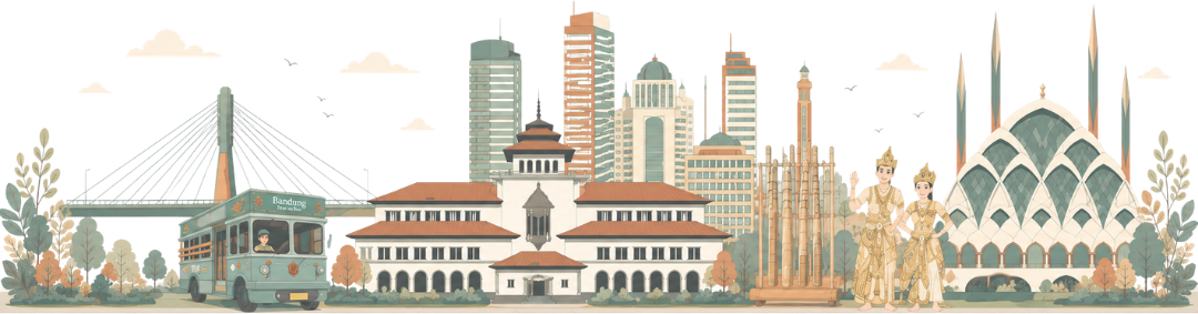 Illustrated Bandung skyline featuring Institut Teknologi Bandung and city landmarks